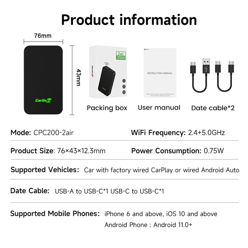 Wired To Wireless Smart Android Auto And Apple Carplay Dongle 2Air AI BOX Wireless USB Wifi BT Adapter